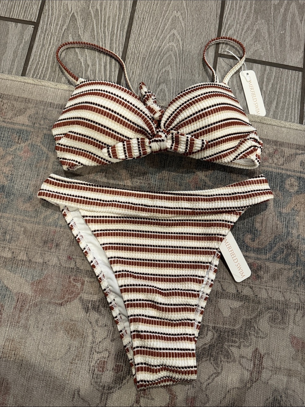 NWT Somerfield White and Brown Striped Bikini Swim Set